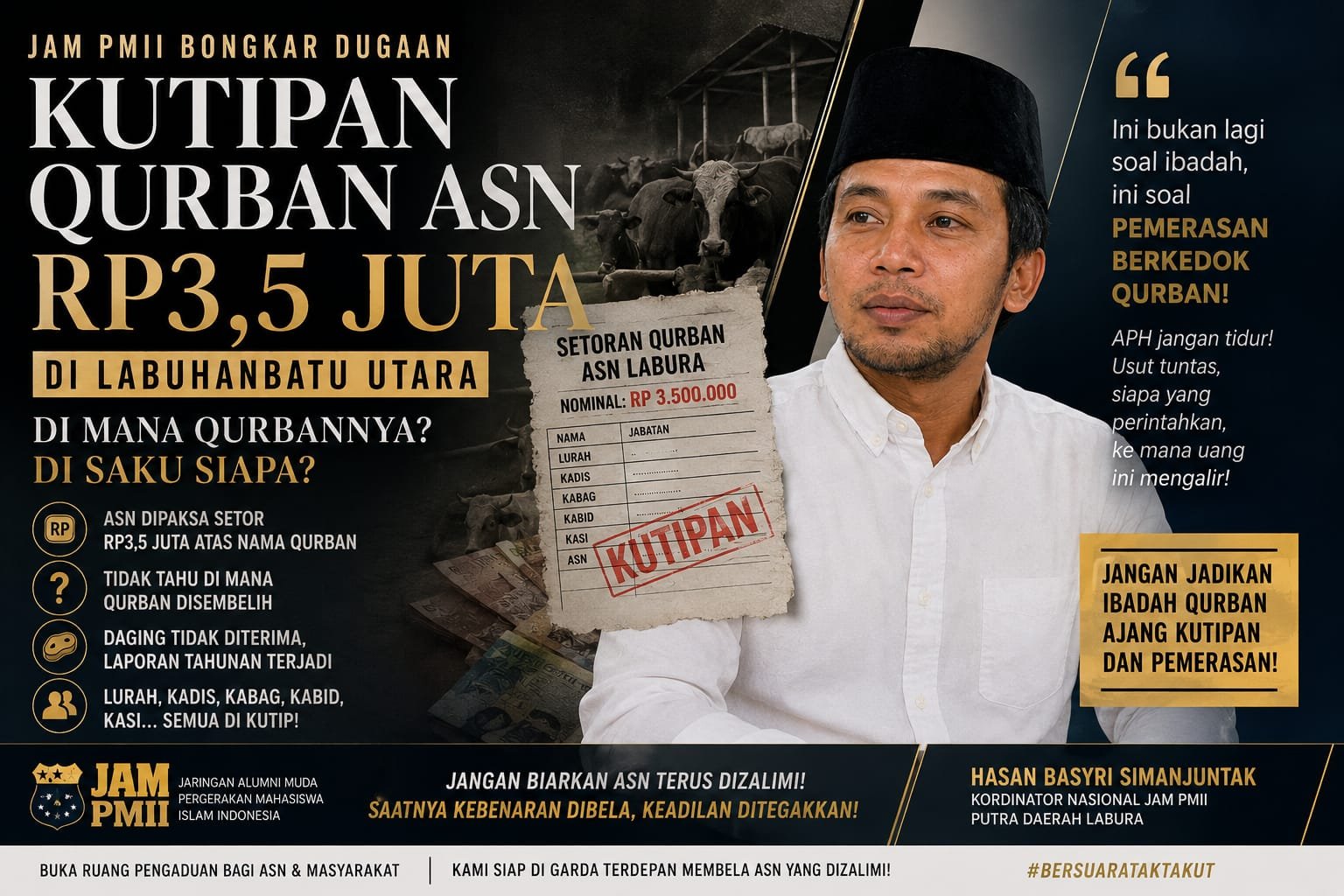 JAM PMII: Dugaan Kutipan Qurban ASN di Labura Harus Diusut, Jangan Jadikan Idul Adha Ladang Pemerasan Berkedok Ibadah