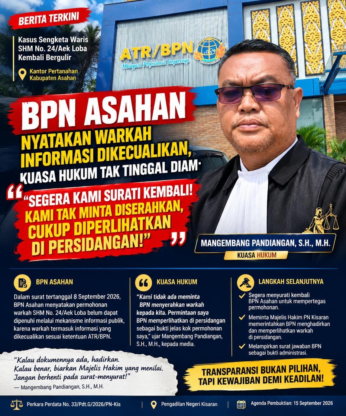 Sengketa Waris Tanah Asahan, Kuasa Hukum Minta Warkah SHM Nomor 24/Aek Loba Dibuka di PN Kisaran