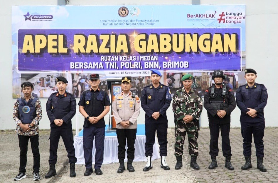 Gandeng Ratusan Pasukan Gegana Brimob, TNI, Polri, BNN, Rutan I Medan Gelar Razia Gabungan Skala Besar dan Tes Urine Warga Binaan