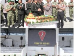 Polres Humbang Hasundutan memberikan surprise sekaligus ucapan selamat Hari Ulang Tahun (HUT) TNI ke-81 Tahun 2026 di Markas Yon TP 955/SP, Simangaronsang, Doloksanggul